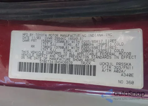 2004 Toyota Tundra Sr5 V8 из США, поврежденный, VIN 5TBET34184S436639